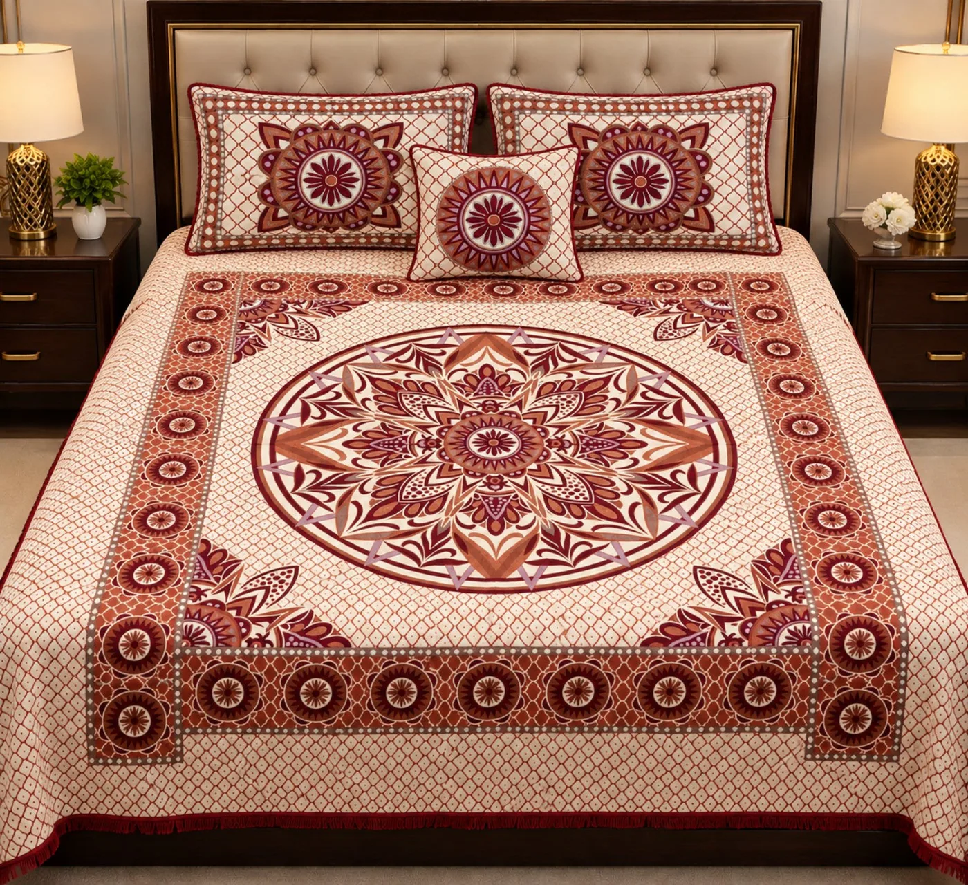 Maroon Mandala Floral Alpha Mora Bedsheet