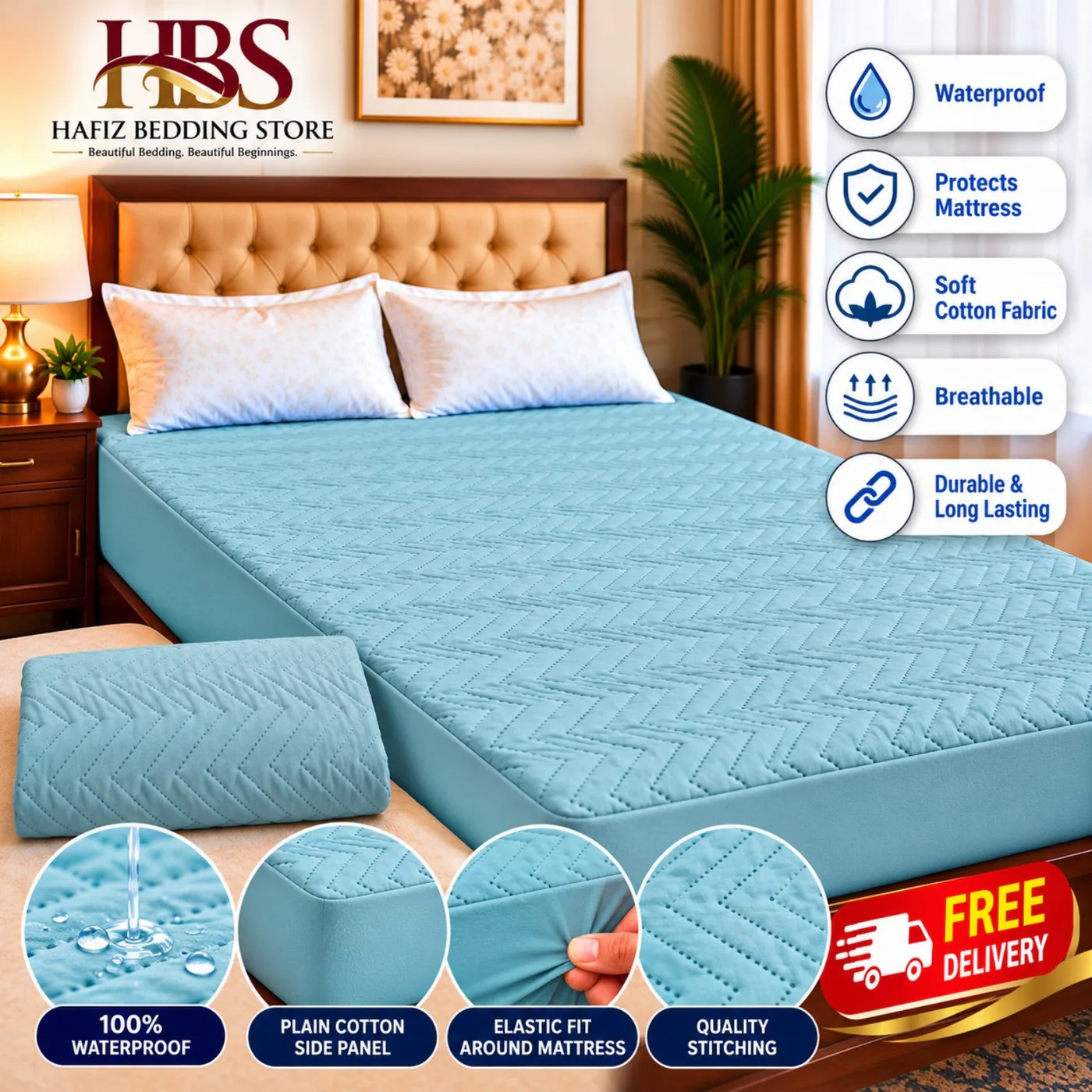 Quilted Chevron Light Blue Waterproof Mattress Cover