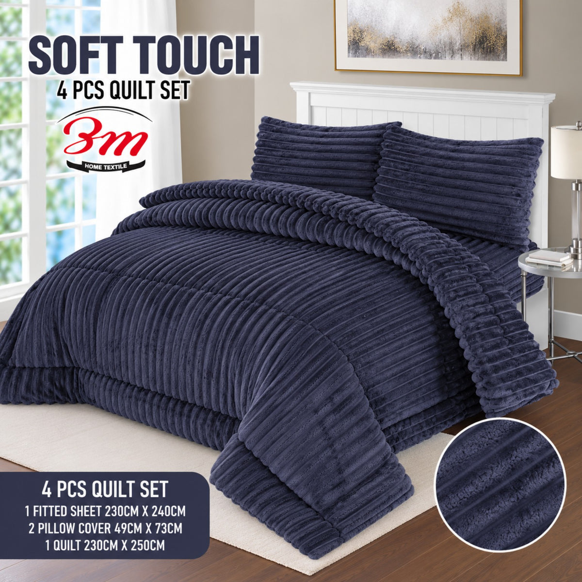 Navy Blue BM 4 PCs Soft Touch Shaggy Set