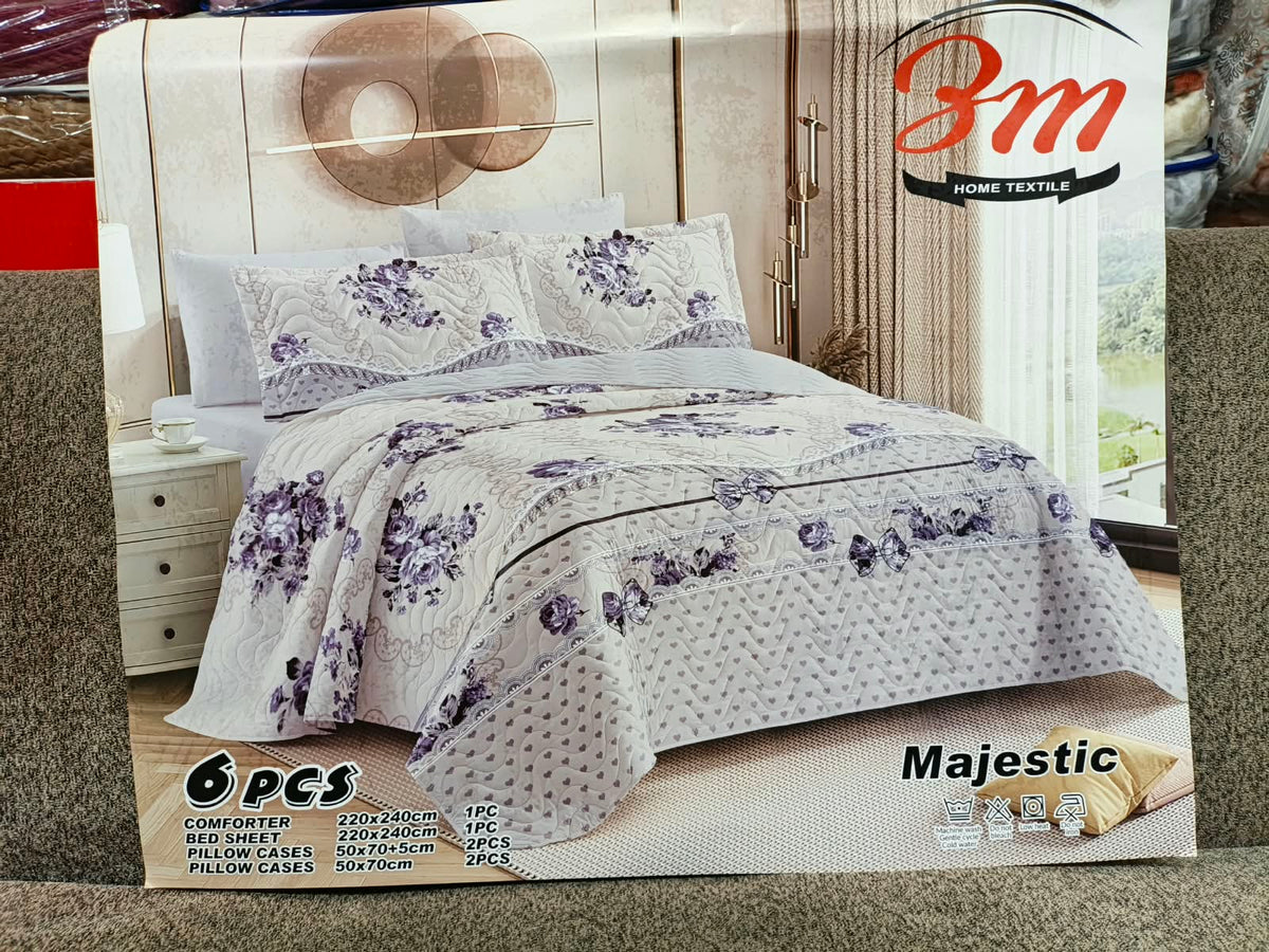 White Light Grey Floral BM 6 PCs Comforter Set