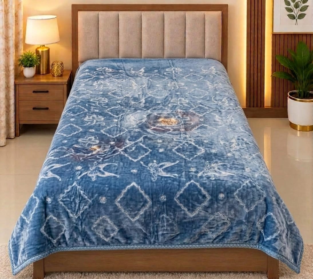 Navy Blue Diamond Floral Single Double Ply Blanket