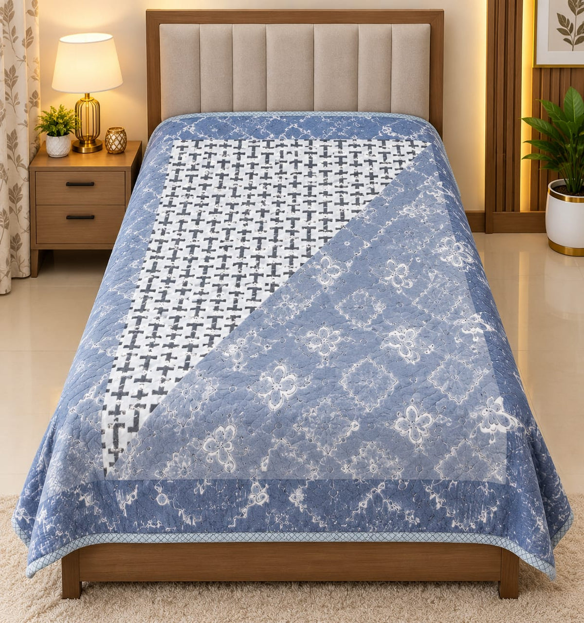Camel Blue Purple Floral Border SIngle Balnket