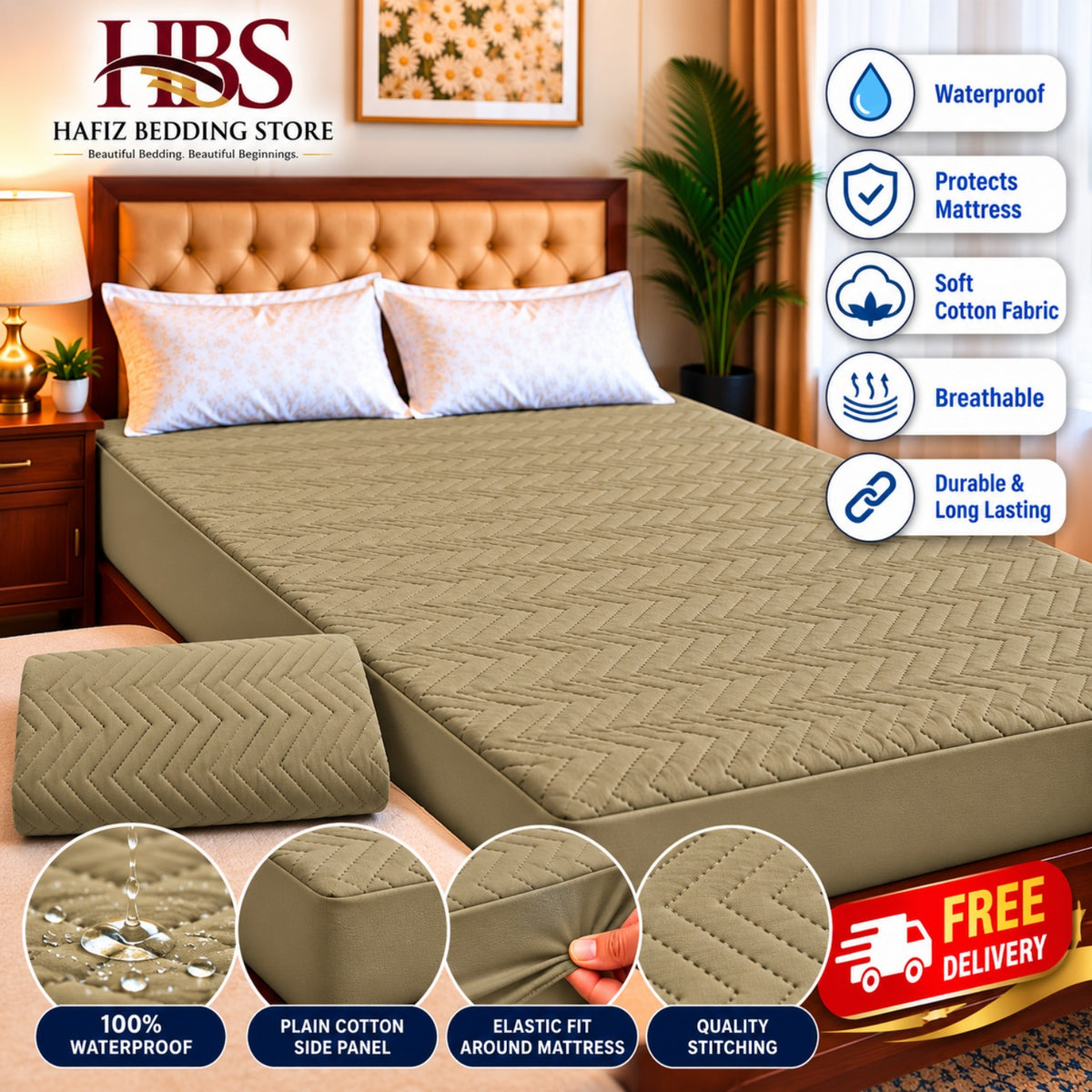 Quilted Chevron Beige Waterproof Mattress Cover