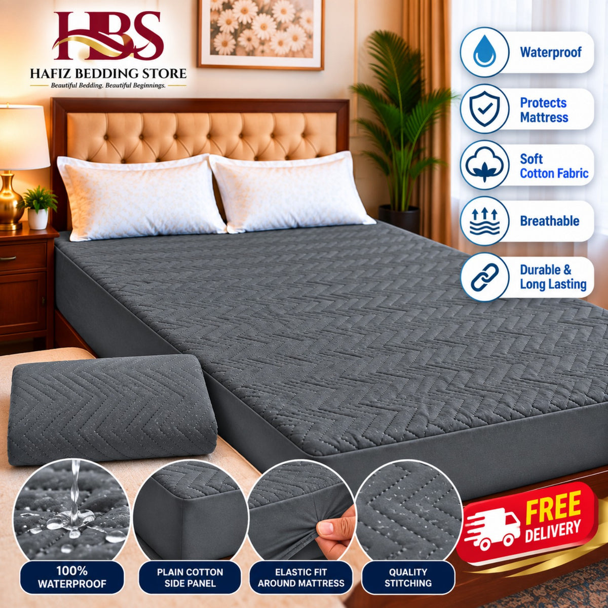 Quilted Chevron Charcoal Grey Waterproof Mattress Cover