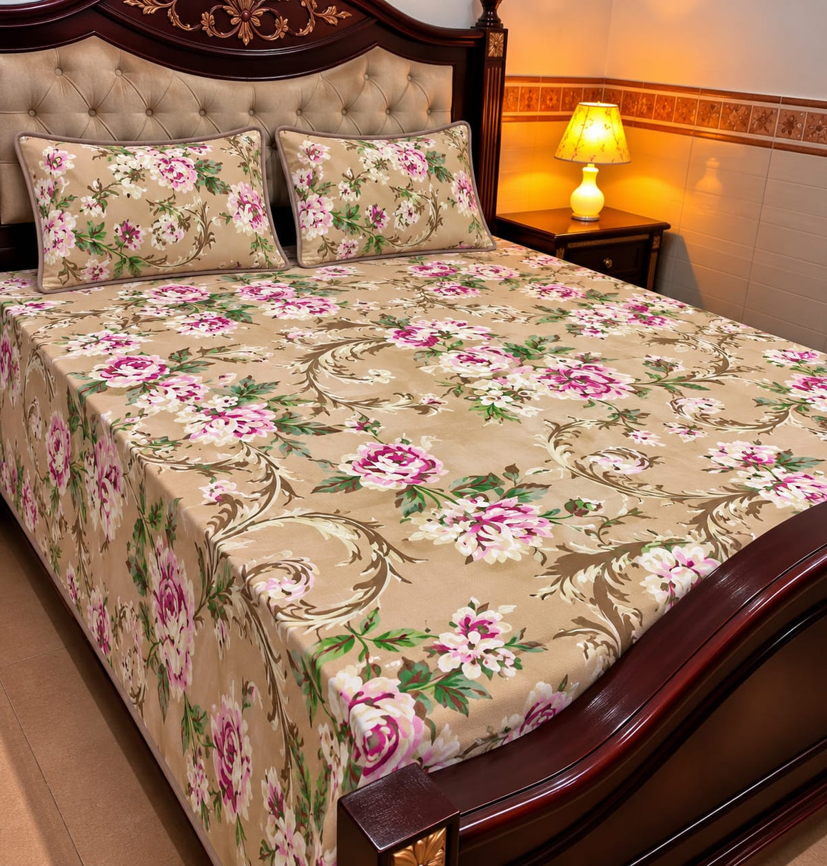 Beige Pink Floral Cotton Sotton King Size Bedsheet