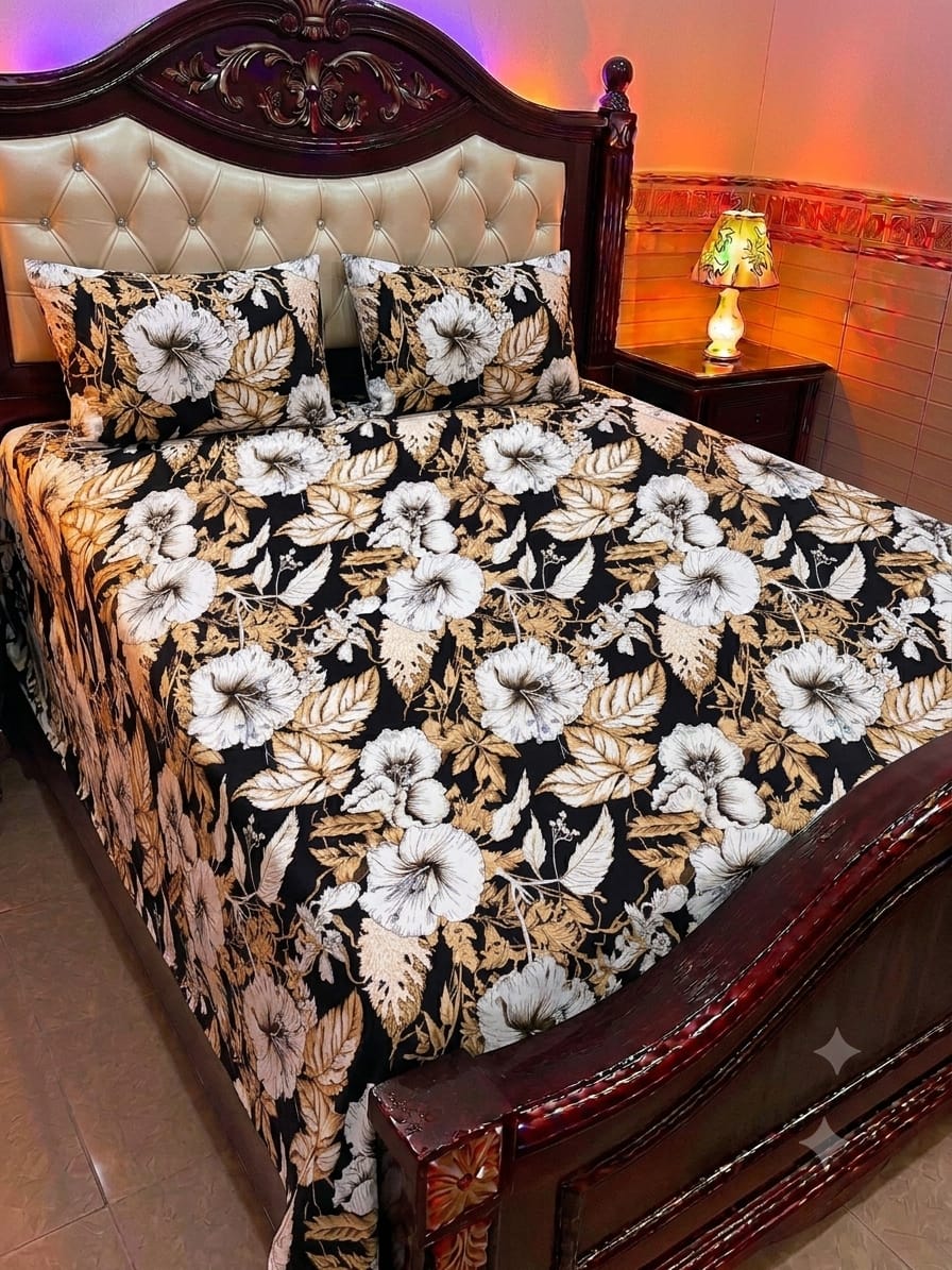 Black Floral Cotton Sotton King Size Bedsheet