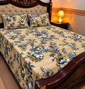 Cream Blue Floral Cotton Sotton King Size Bedsheet