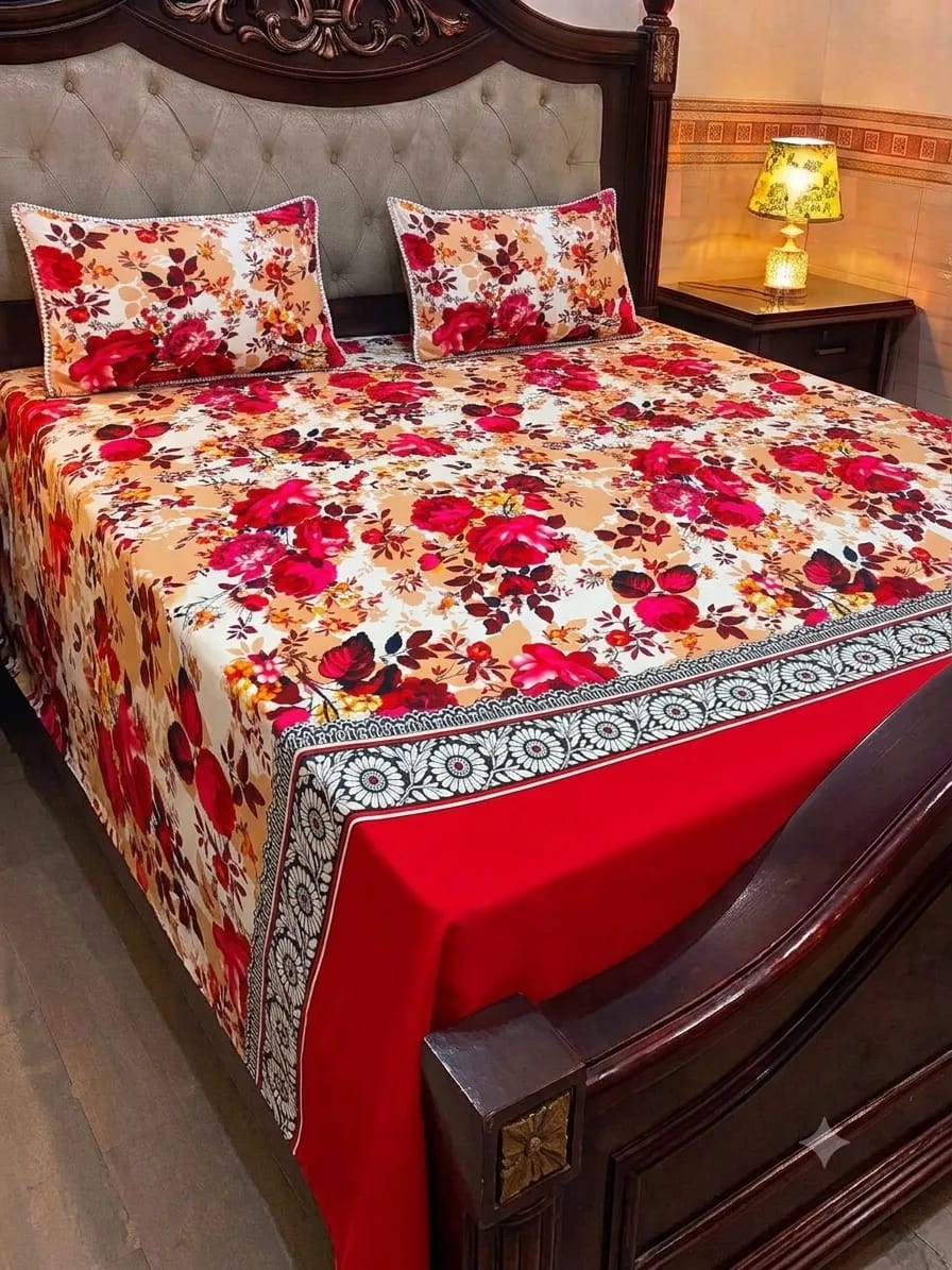 Cream Red Floral Cotton Sotton King Size Bedsheet
