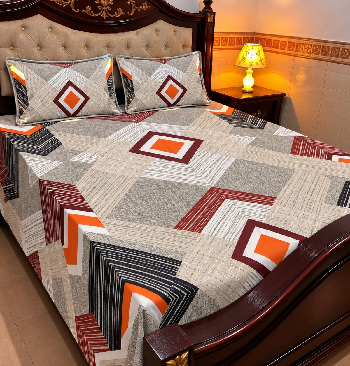 Grey Geometric Cotton Sotton King Size Bedsheet