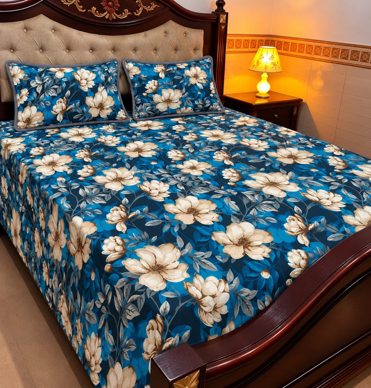 Navy Blue Floral Cotton Sotton King Size Bedsheet