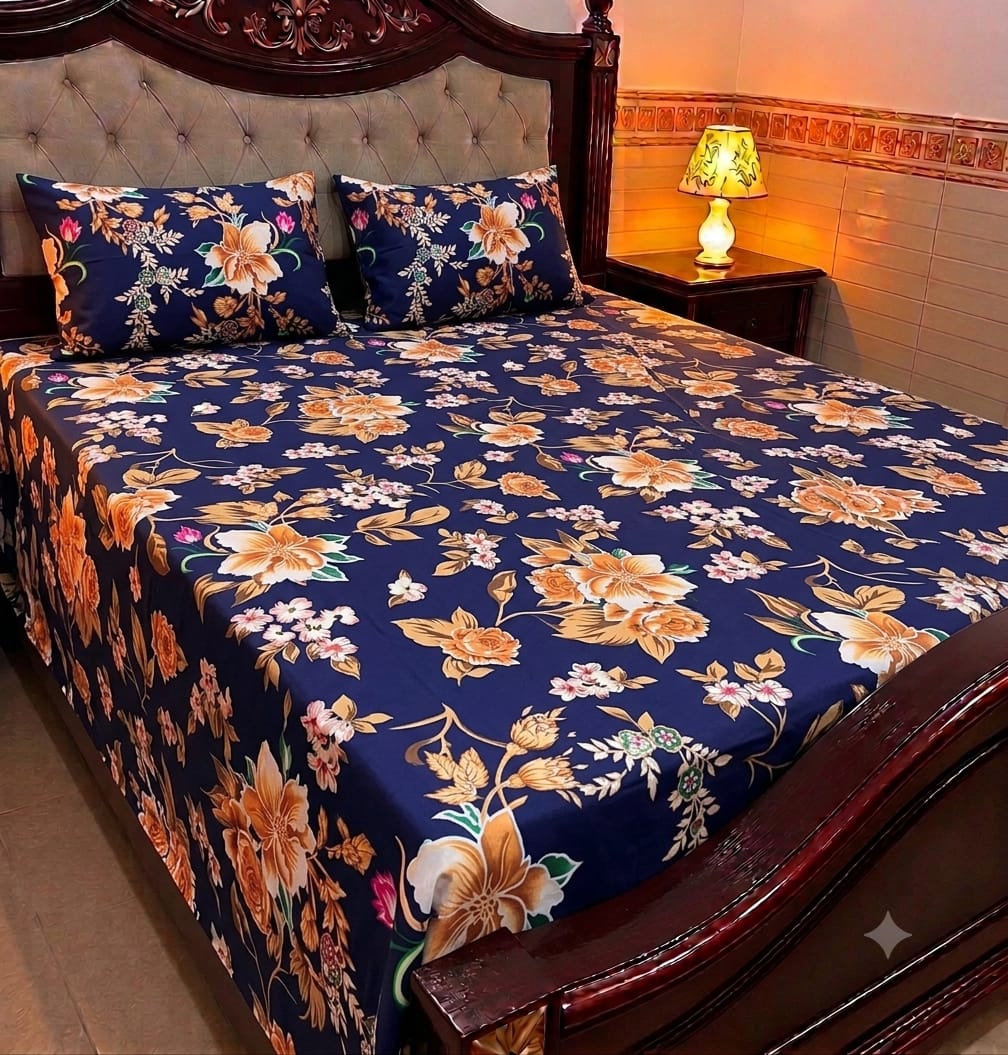 Navy Orange Floral Cotton Sotton King Size Bedsheet