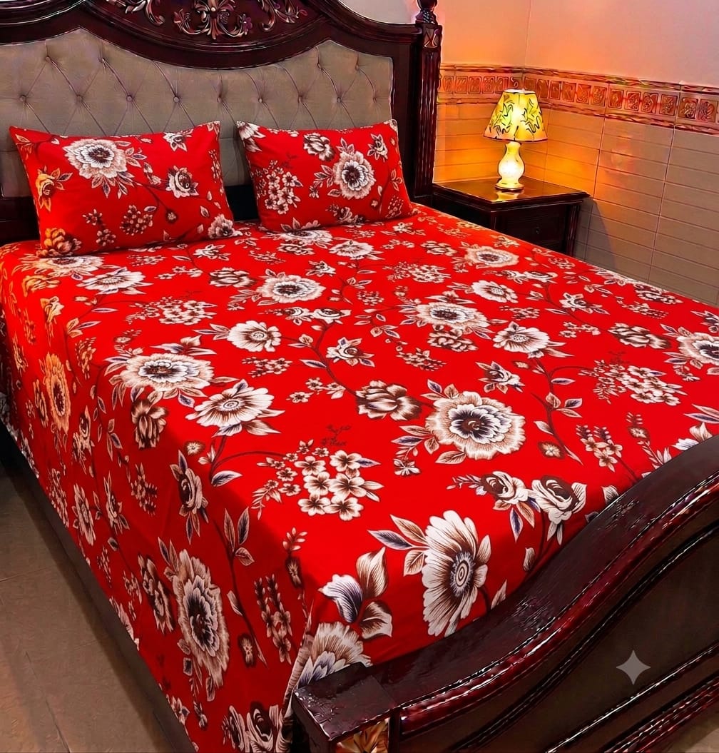 Red Floral Cotton Sotton King Size Bedsheet