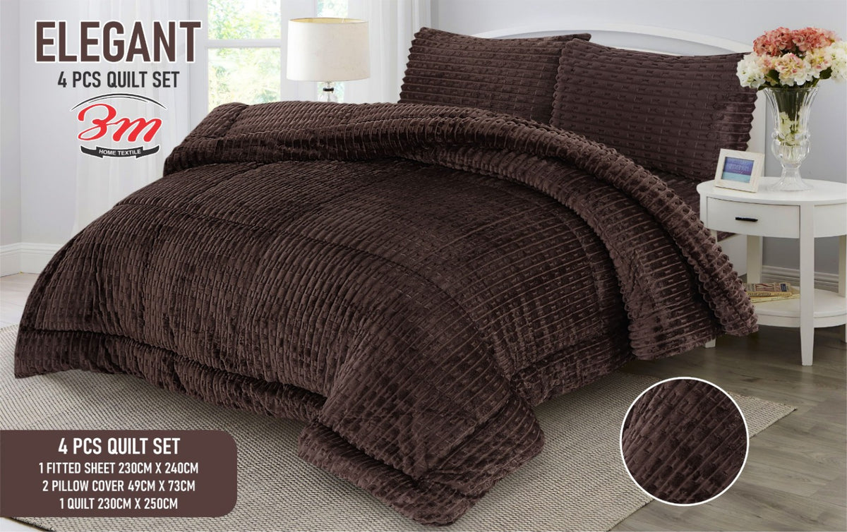 Brown Elegant Shaggy 4 PCs Razai Set