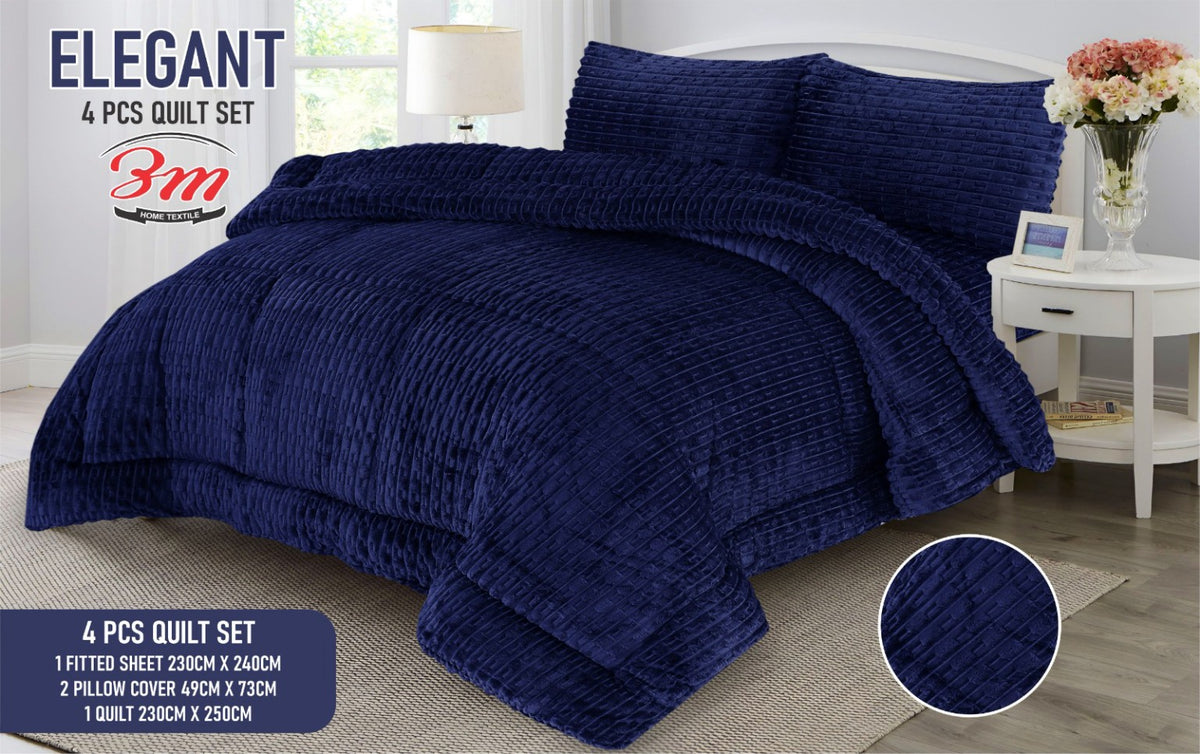 Navy Blue Elegant Shaggy 4 PCs Razai Set