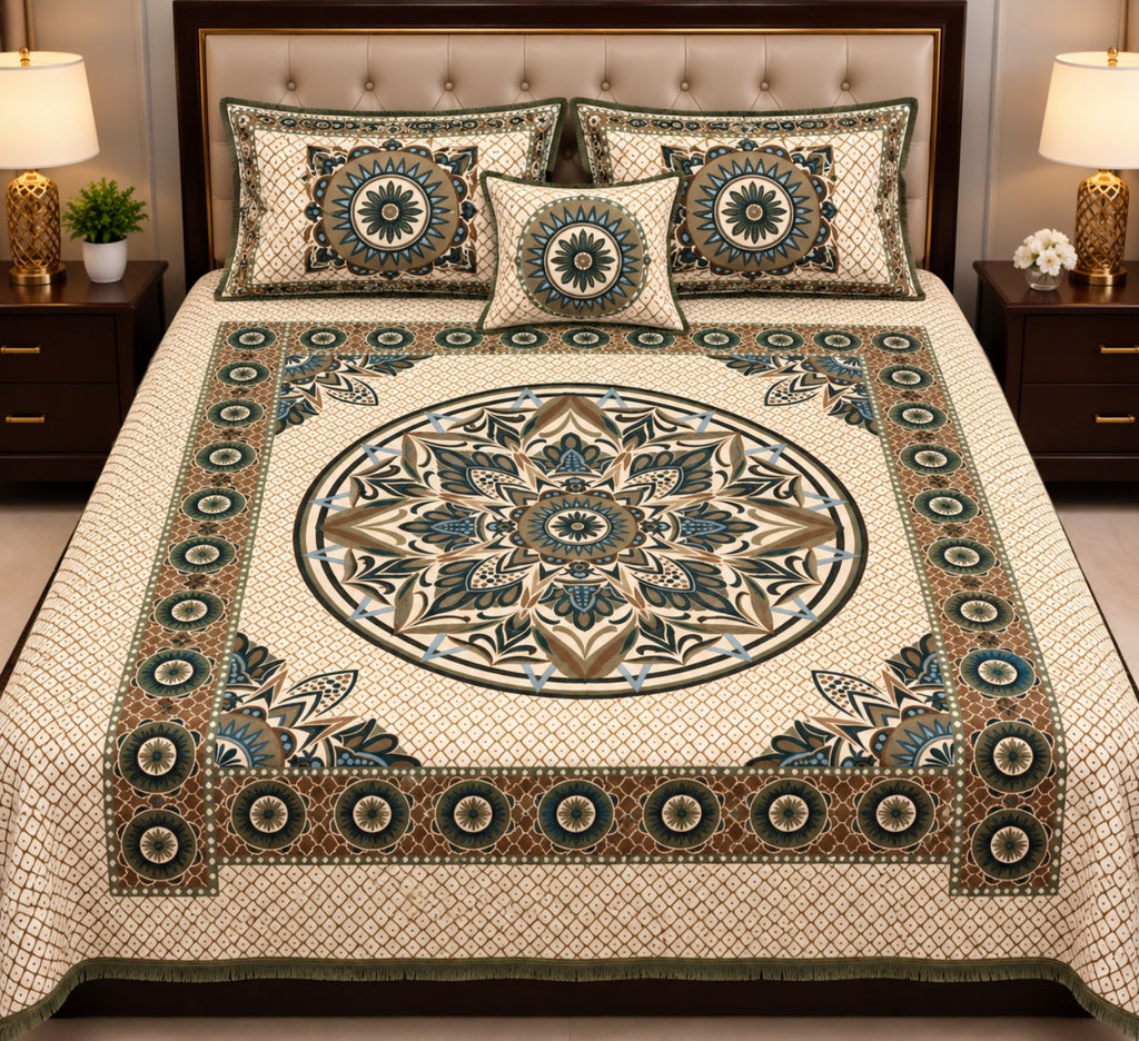 Brown Teal Floral Alpha Mora Bedsheet - Hero