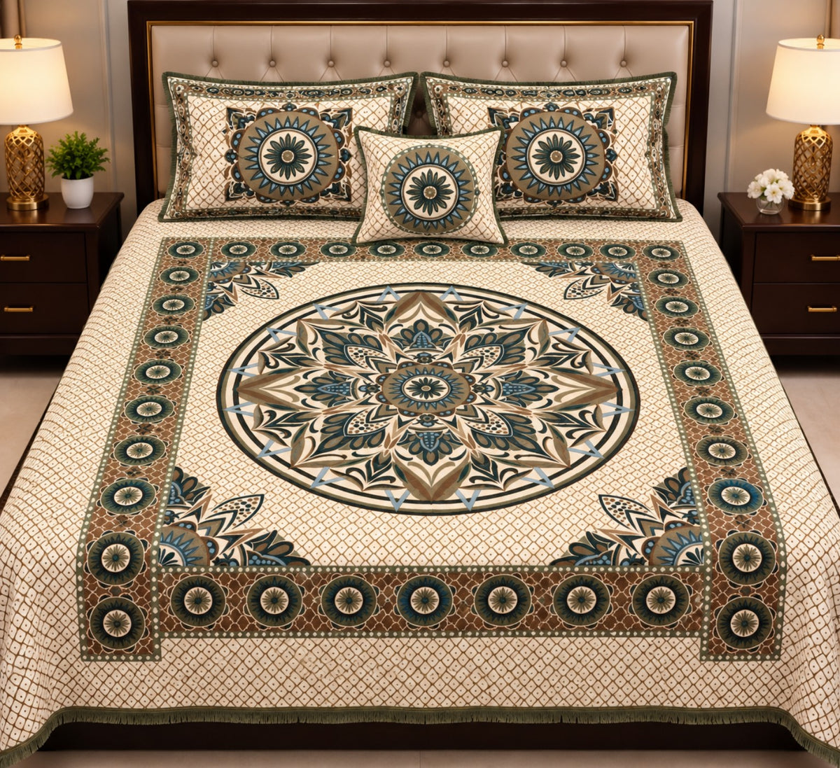 Brown Teal Floral Alpha Mora Bedsheet - Hero