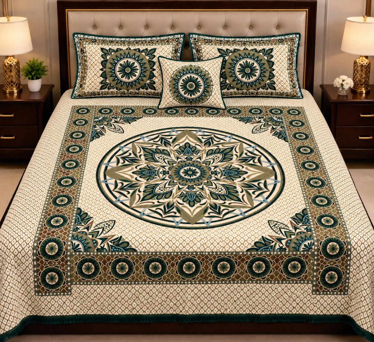 Green Teal Floral Alpha Mora Bedsheet - Hero