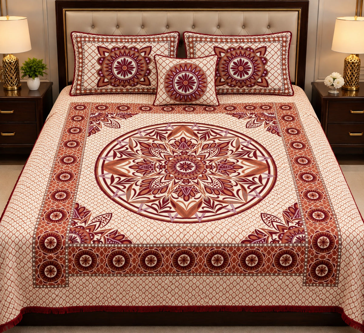 Maroon Mandala Floral Alpha Mora Bedsheet - Hero