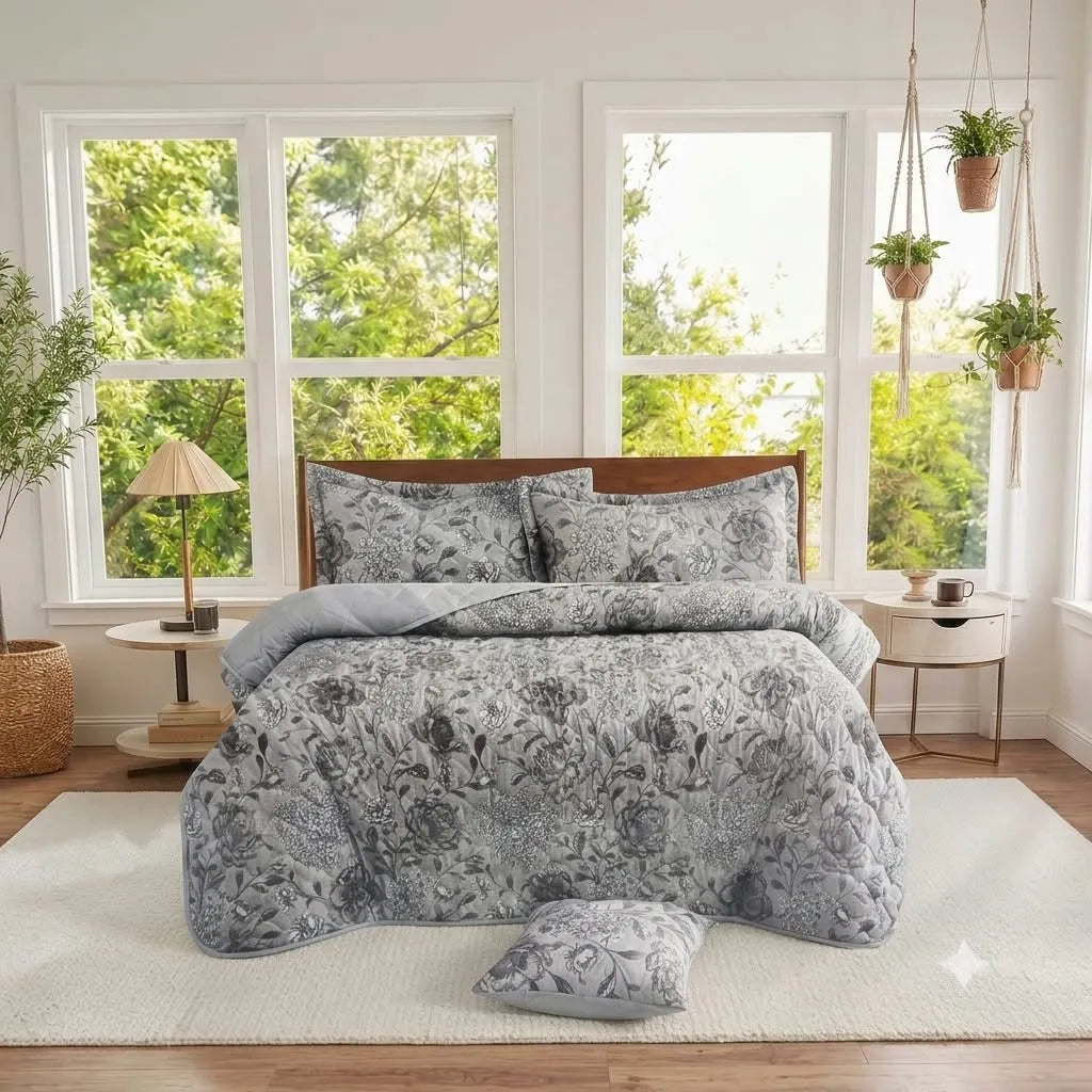 A bedding set with a gray and white floral quilt and matching pillow shams, styled on a bed in a bright, modern bedroom with large windows and plants.
