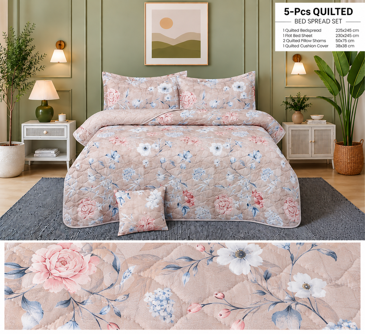 Beige Blue Floral BBL 5 PCs Comforter Set by Hafiz Bedding Store