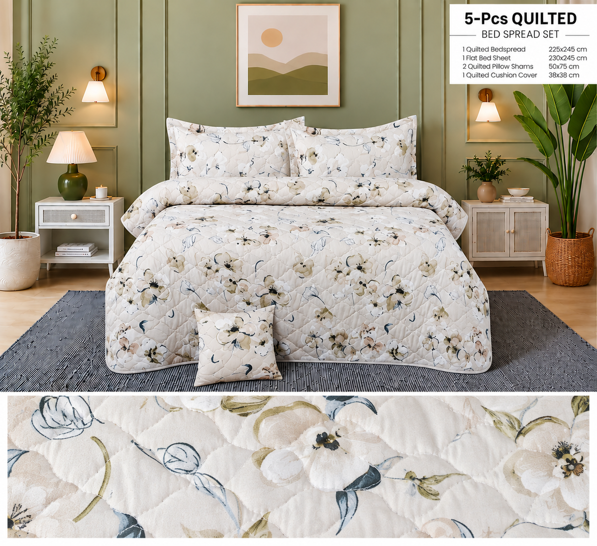 Mocha Blue Floral BBL 5 PCs Comforter Set by Hafiz Bedding Store