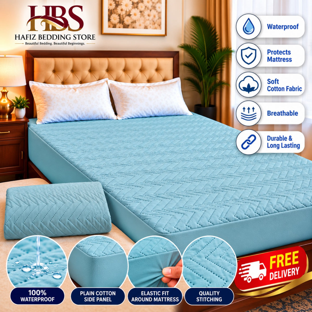 Quilted Chevron Light Blue Waterproof Mattress Cover
