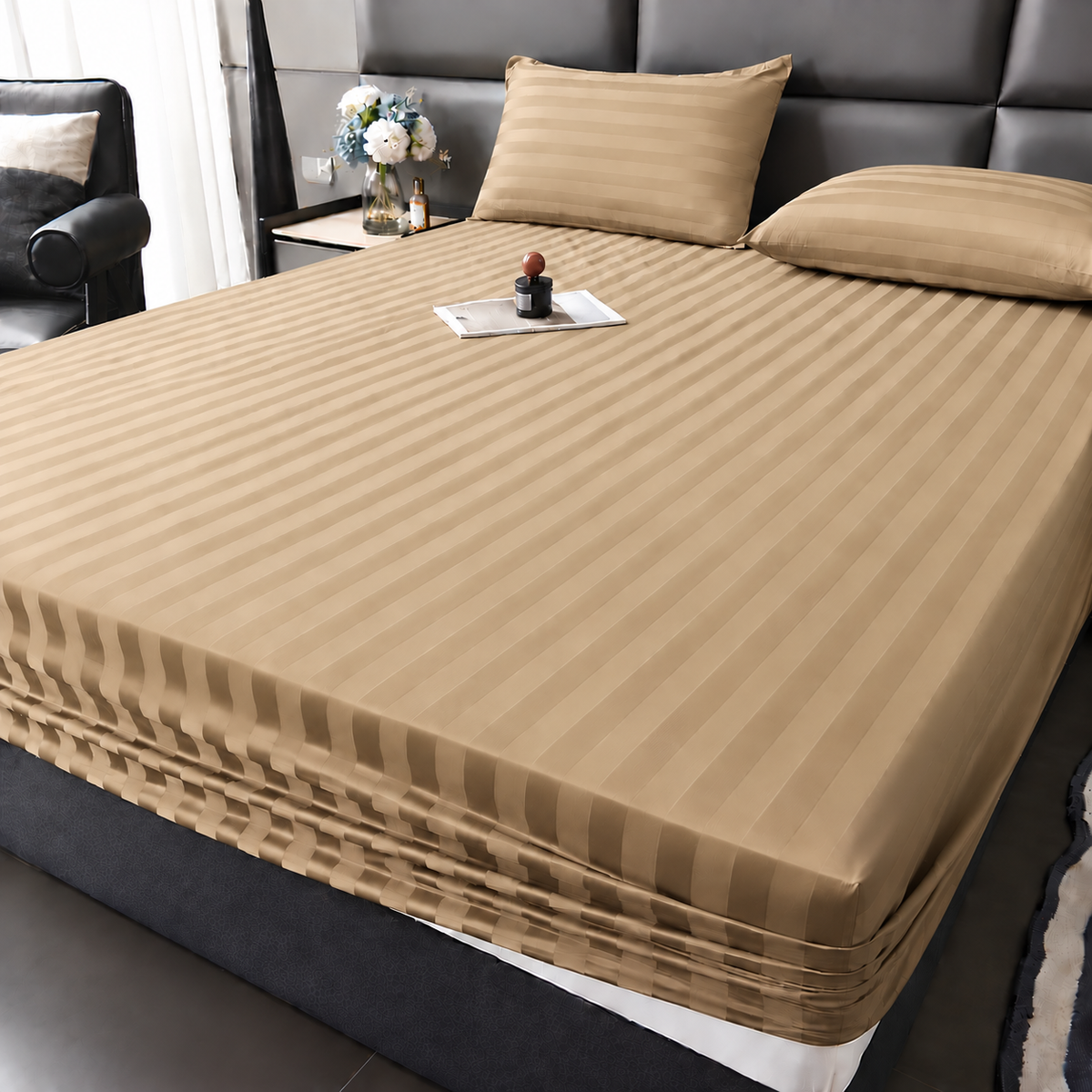 Plain fitted bedsheet - Beige - Double