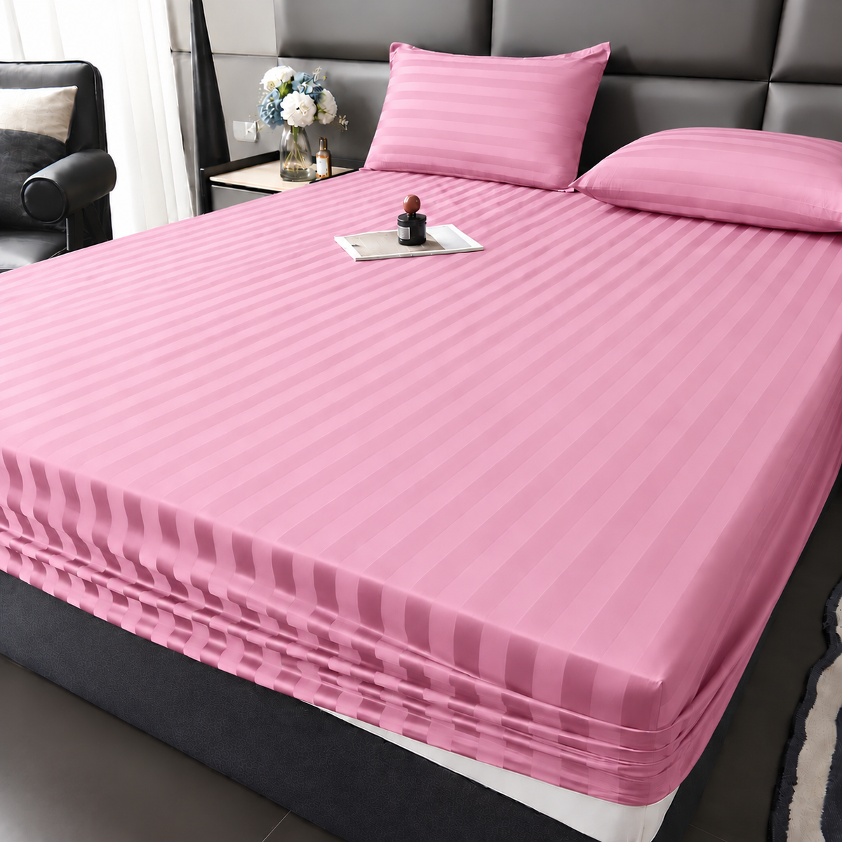 Plain fitted bedsheet - Pink - Double