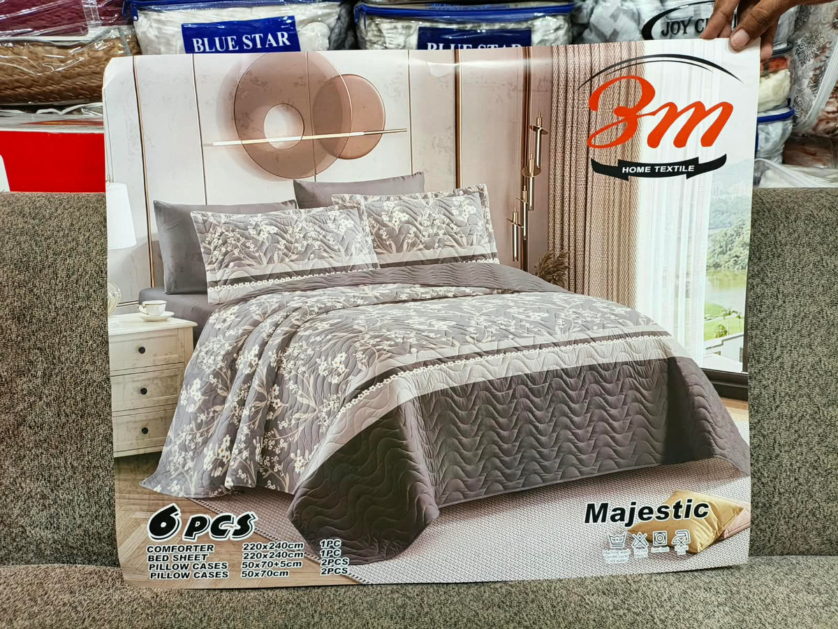 Grey Brown Floral BM 6 PCs Comforter Set