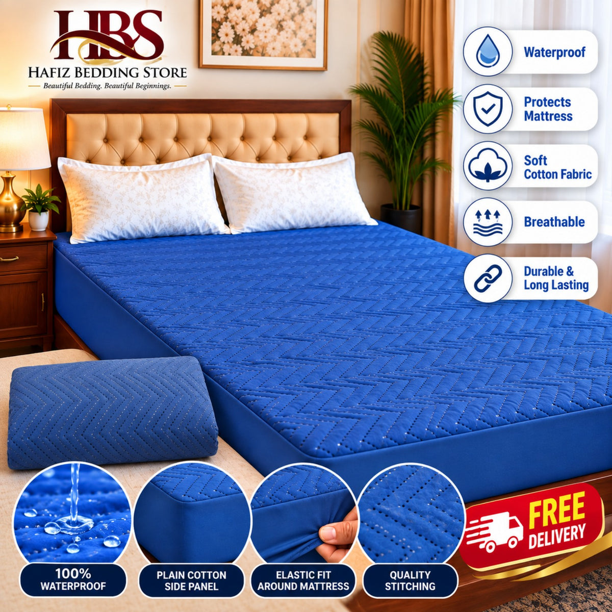 Quilted Chevron Royal Blue Waterproof Mattress Cover